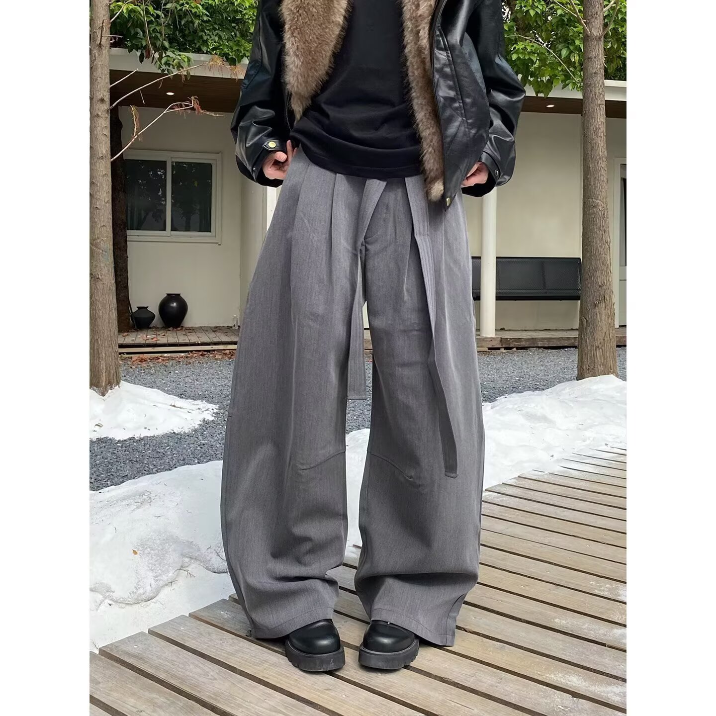 褶边西装裤男女薄款2026夏秋宽松潮流休闲阔腿长裤子休闲裤垂感