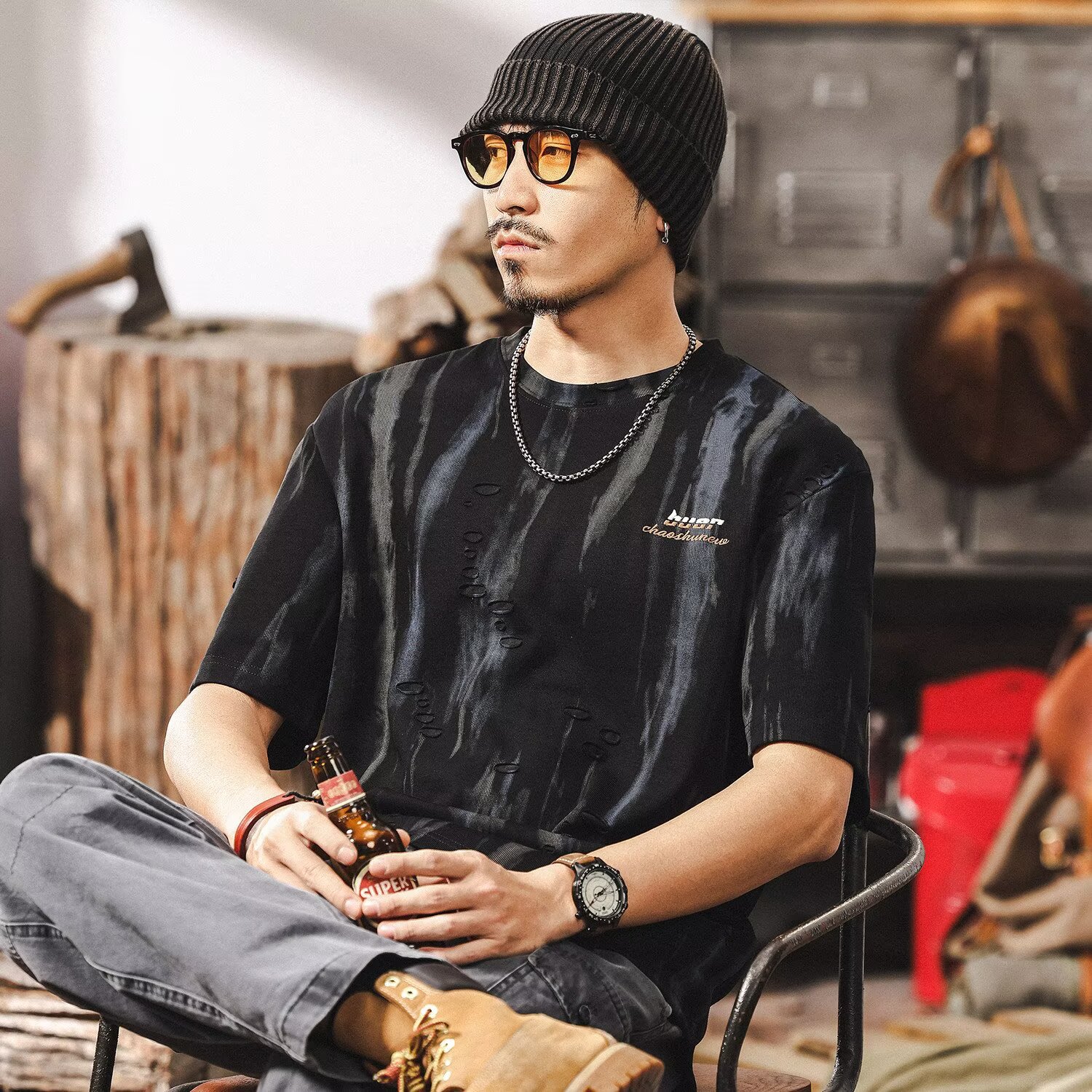 重磅ins潮牌复古重磅刺绣圆领t恤男夏季洗水做旧破洞宽松短袖上衣