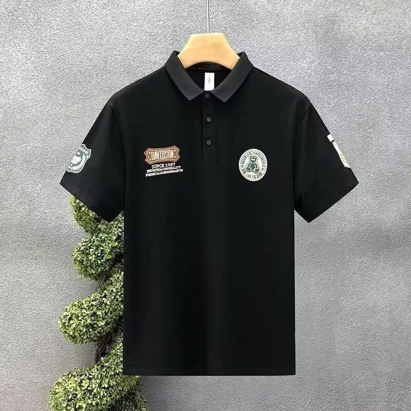 夏季新款短袖POLO衫男士潮牌肩章徽章个性翻领短袖T恤男装上衣