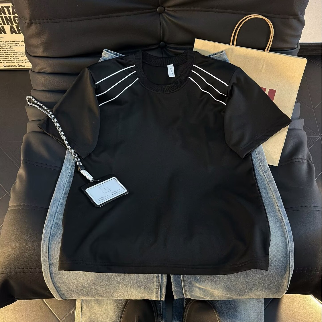 高级感垫肩短袖t恤男夏季潮牌重磅宽松设计感cleanfit小领口半袖