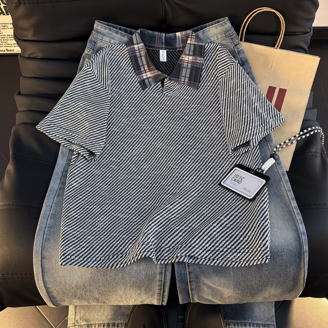 设计感假两件t恤男潮牌拼接翻领短袖高级痞帅宽松半袖衫