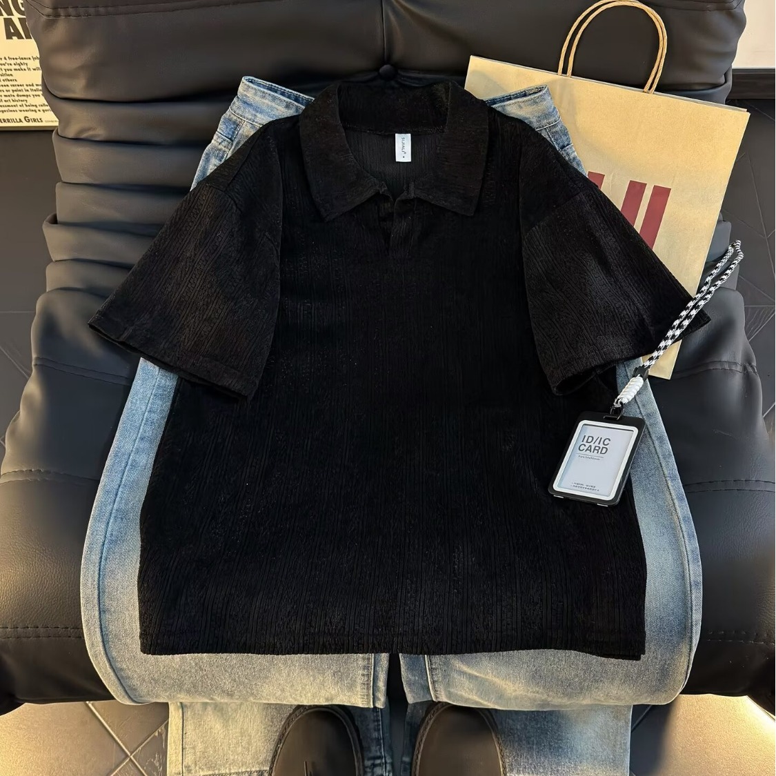 高级感polo衫男短袖t恤夏季宽松韩版潮流华夫格翻领半袖套头体恤