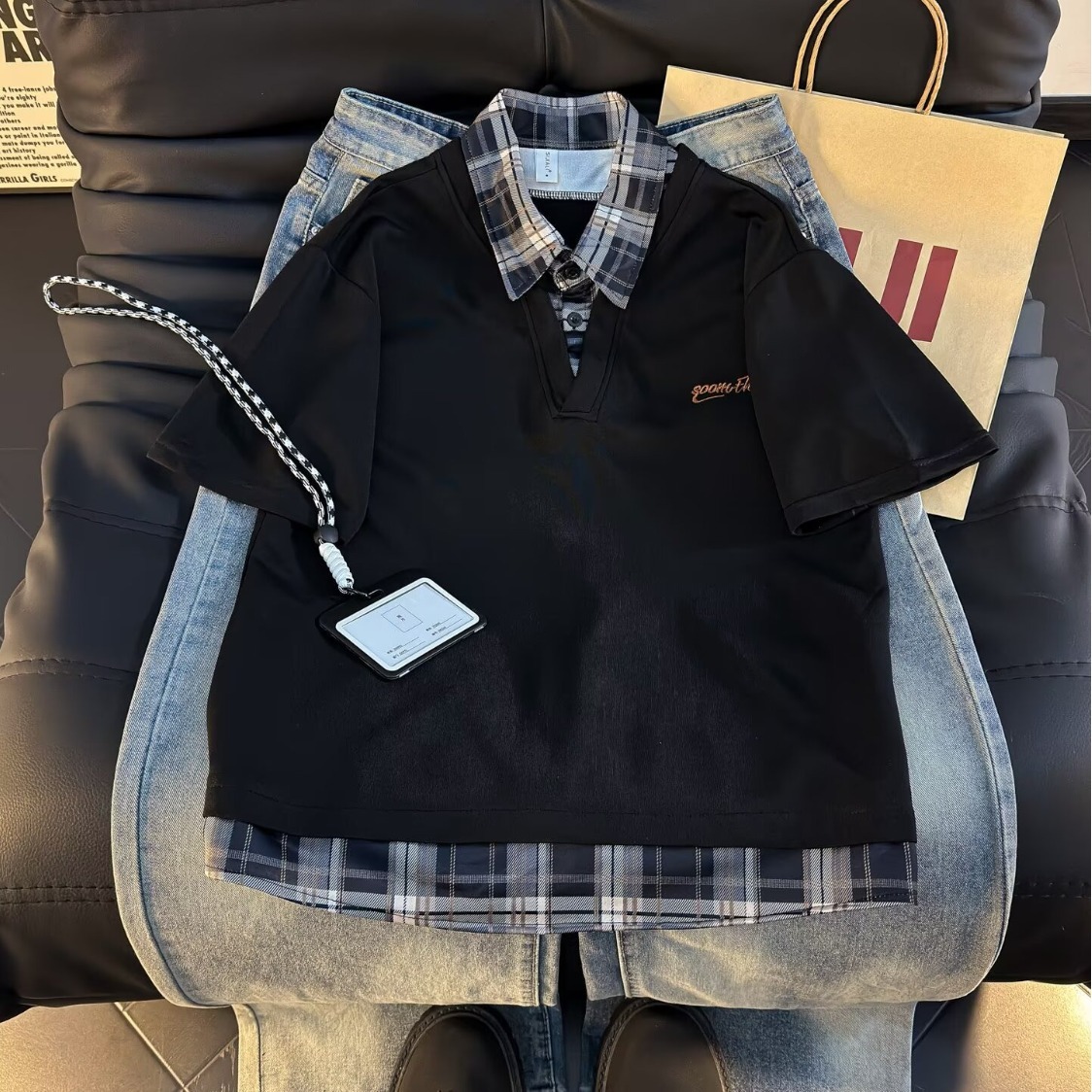 美式POLO衫假两件短袖男小众设计格子拼接t恤高级感痞帅情侣半袖