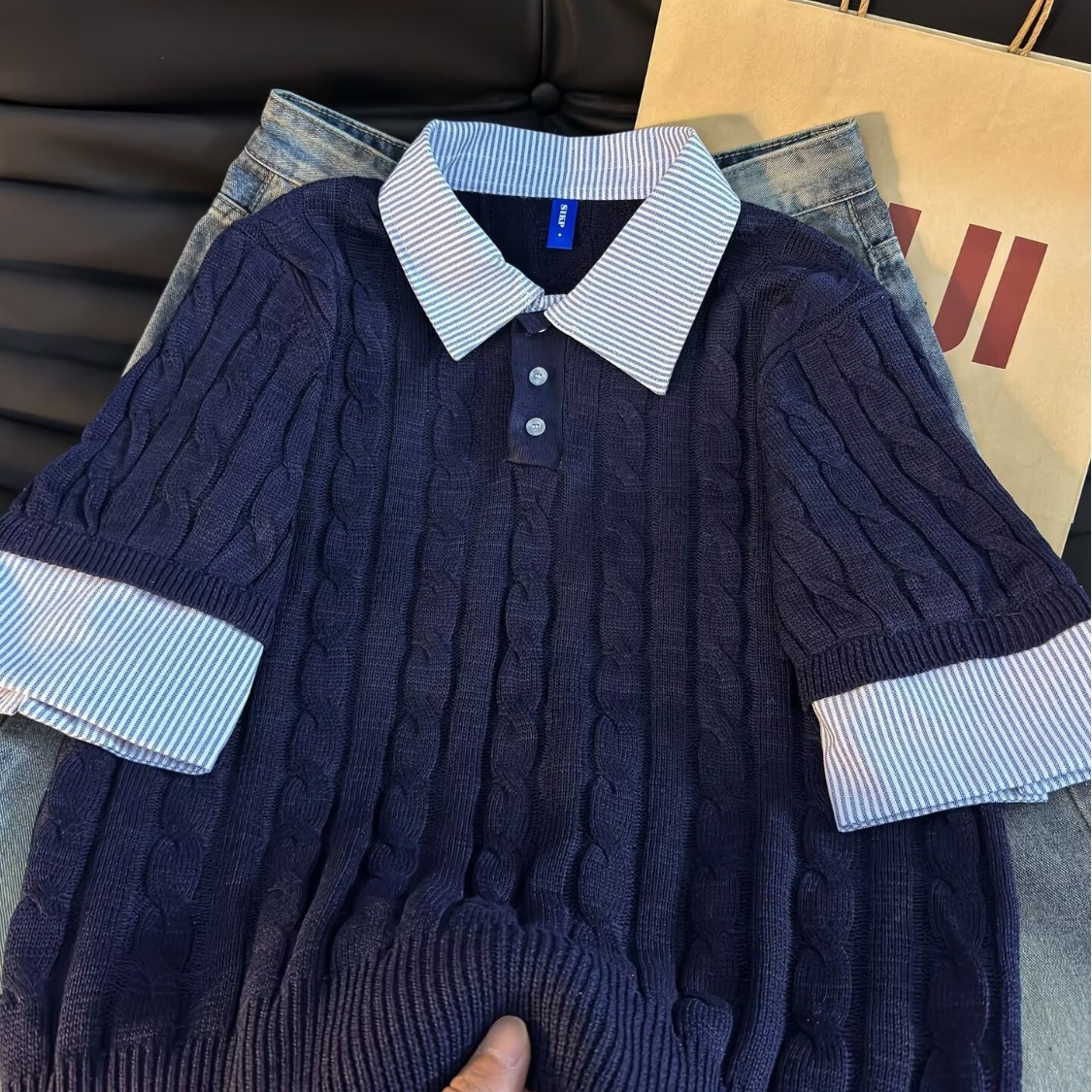 夏季新款2026年青少年上衣打底衫美式高街潮牌绞花p0l0针织衫简约