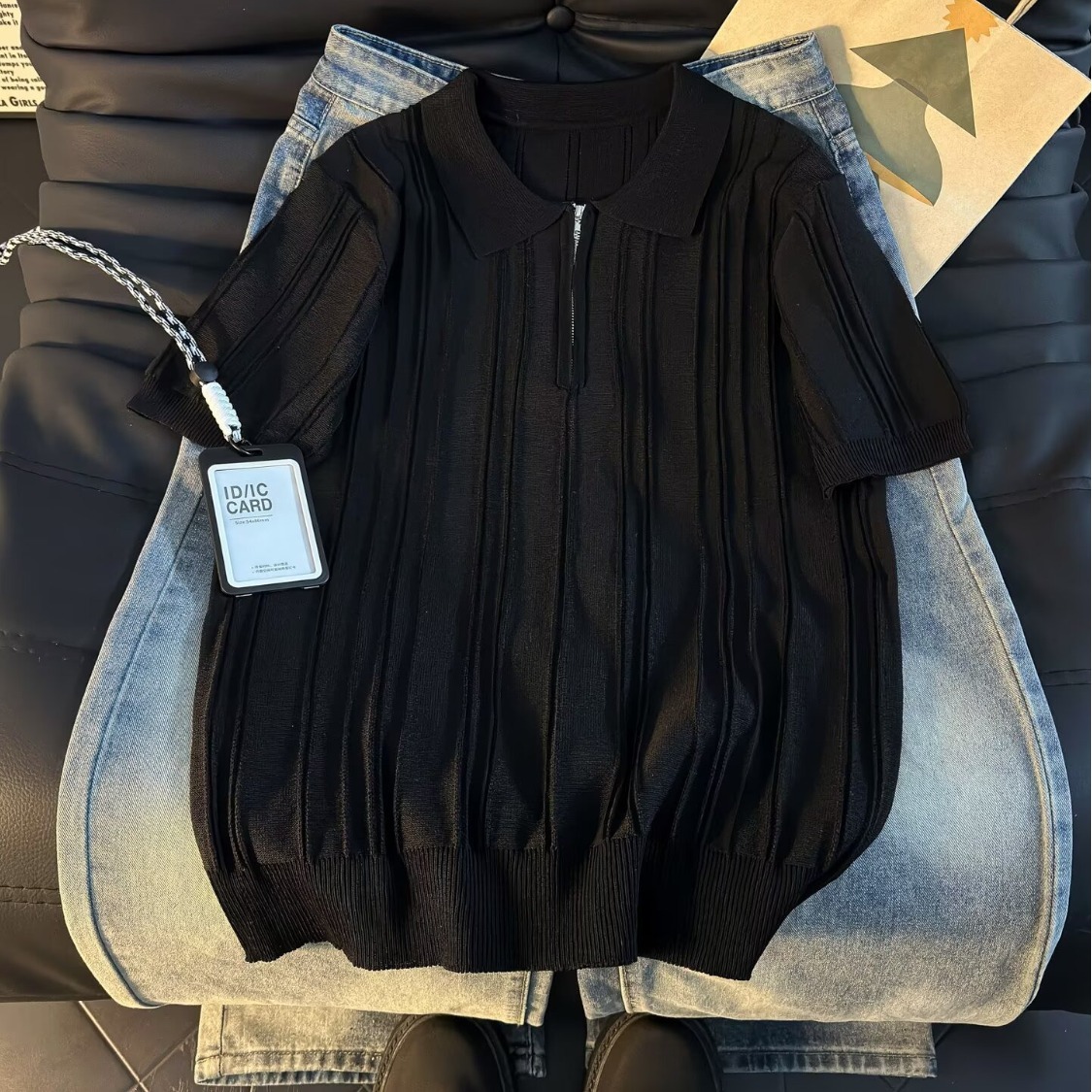 时尚提花短袖针织polo衫男式大码上衣胖子潮流秋装打底半袖毛线衣