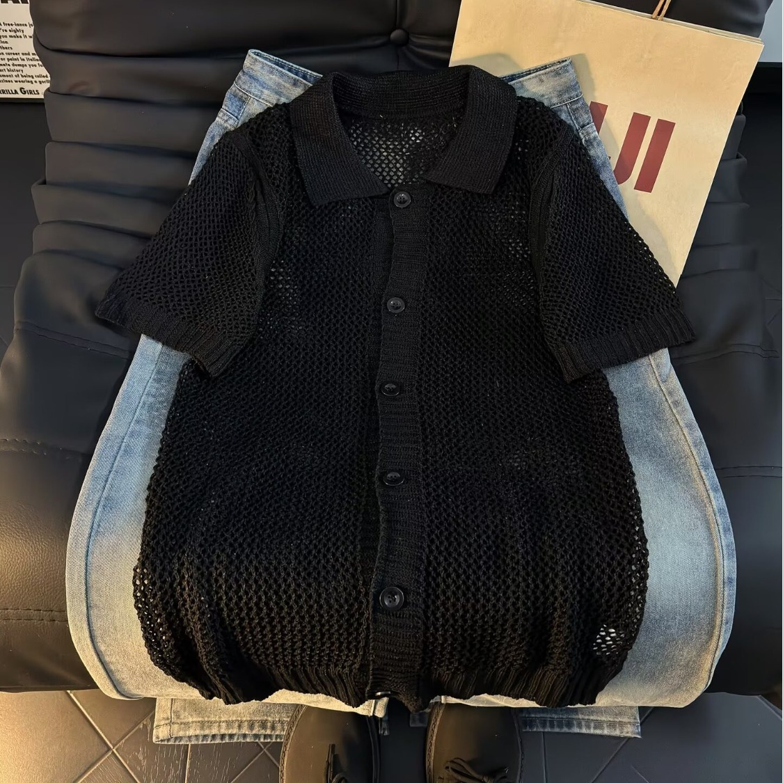 老钱风短袖针织衫新款夏季男士复古时尚古巴领宽松五分袖T恤潮ins