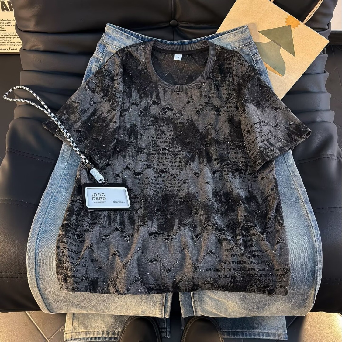 夏季新款潮牌满天星扎染圆领短袖T恤男士轻奢破洞百搭半袖打底衫