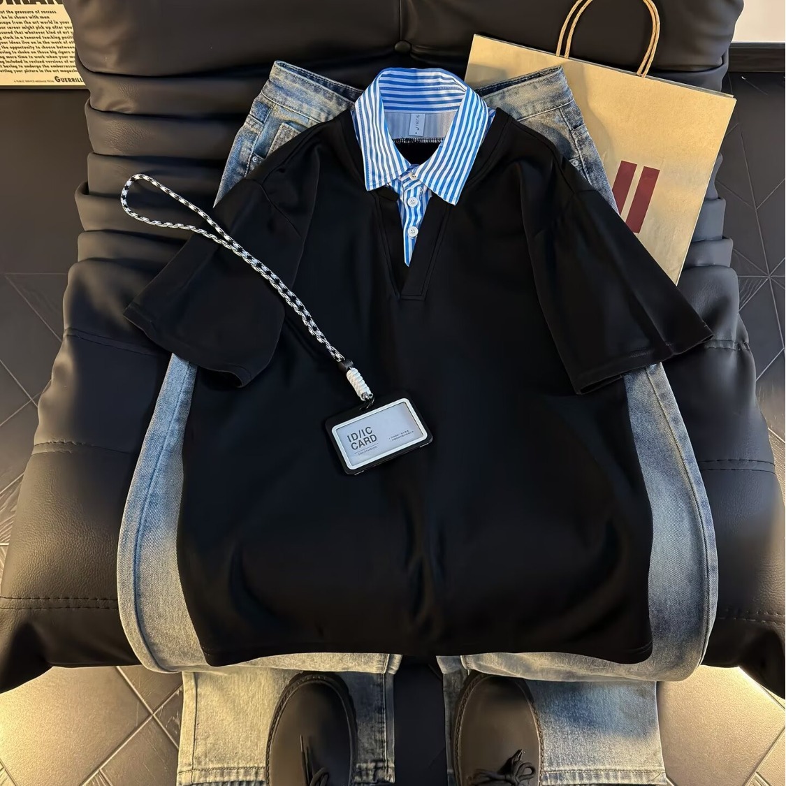 假两件衬衫领短袖T恤男款夏季潮牌高级感polo领痞帅宽松凉感半袖
