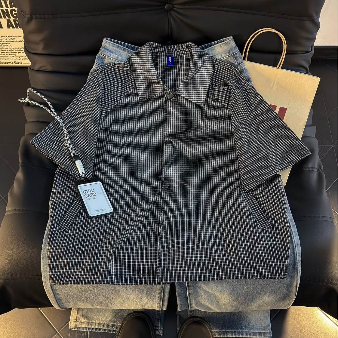 2026夏季美式休闲格纹短袖衬衫男宽松复古百搭格子短款衬衣上衣潮