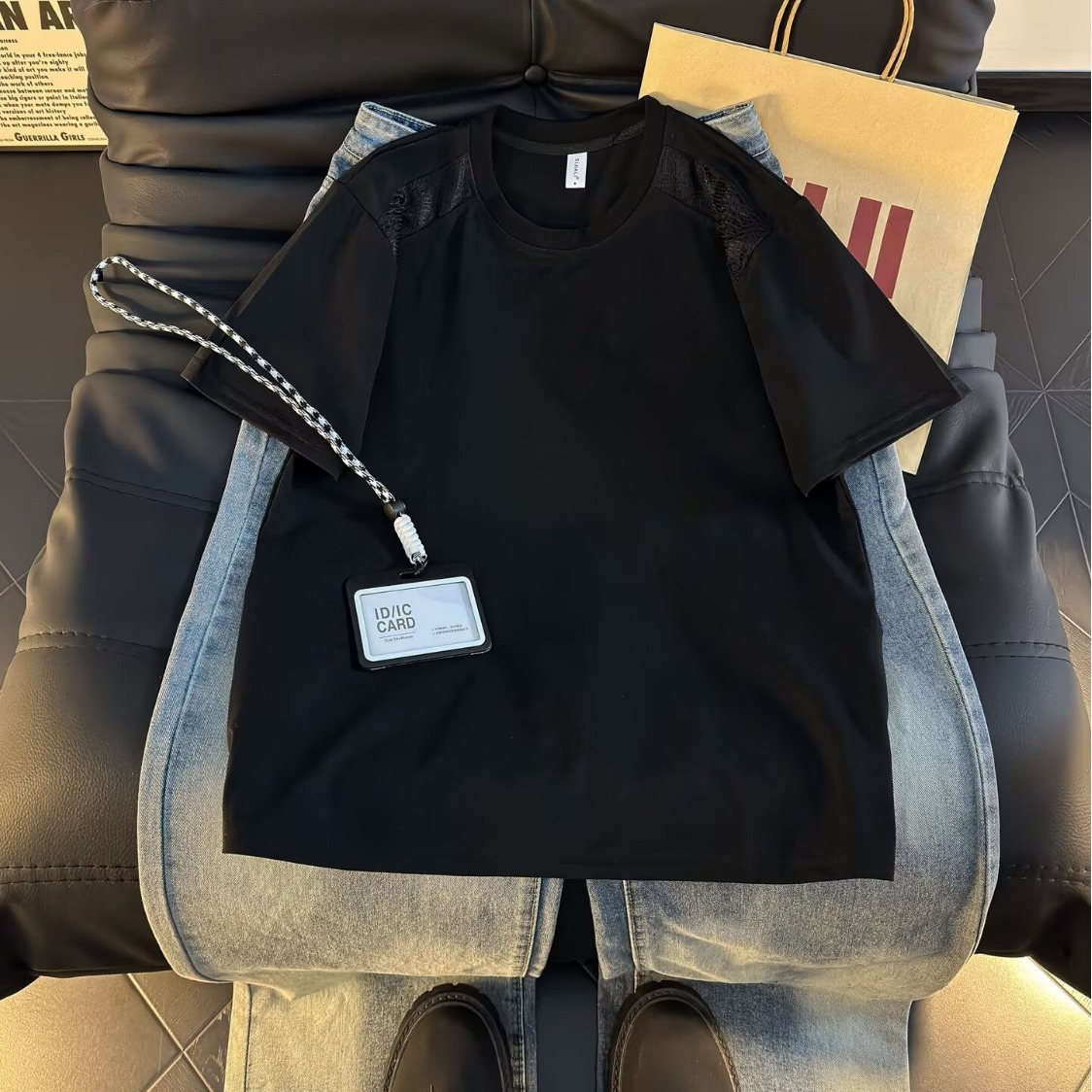 小众设计感男装美式高街2026夏季新款短袖网眼拼接透气打底衫上衣